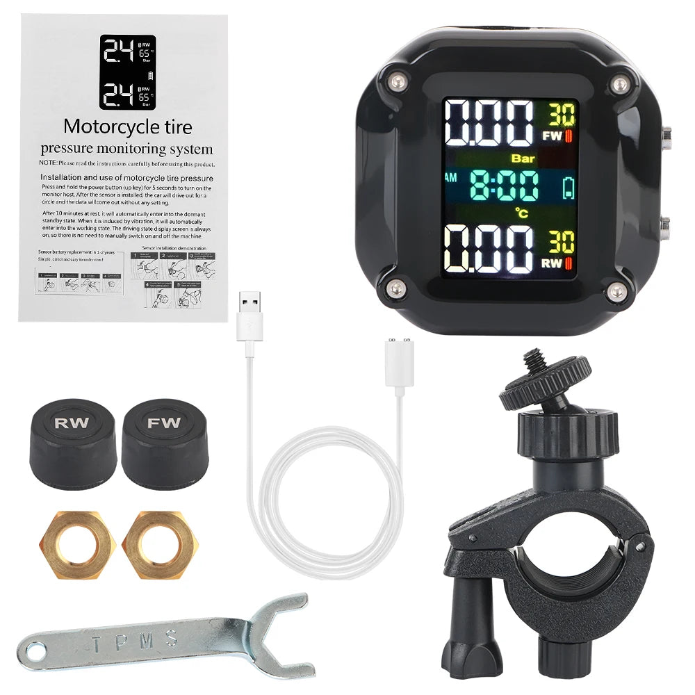 Motorcycle TPMS 0-96.7psi Tyre Pressure Monitoring System 2 Sensors LCD Display