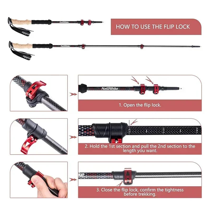 Naturehike Ultralight Carbon Trekking Pole 3-Section Folding Hiking Stick 193g