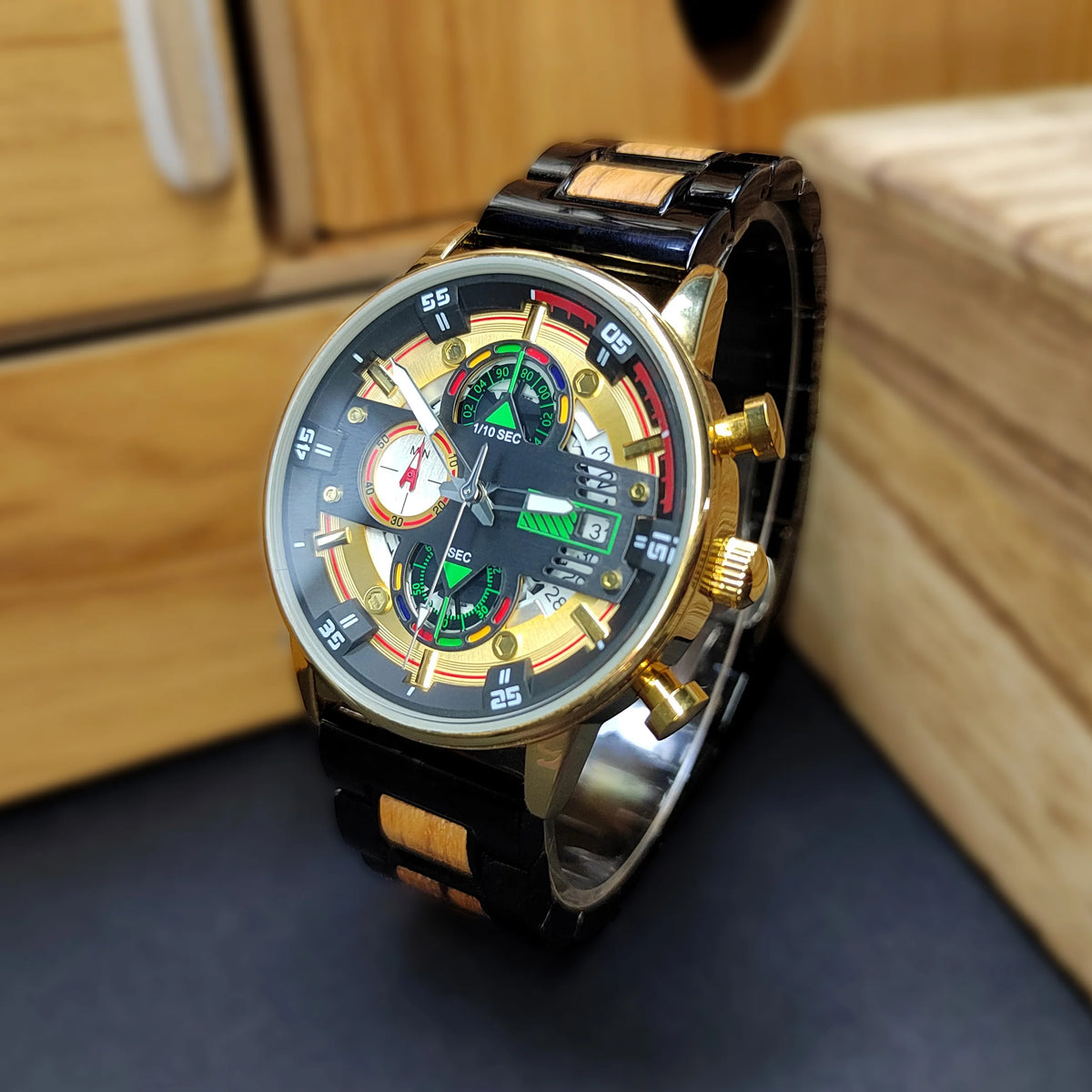 Men’s Luxury Wood Watch – Unique Chronograph Design, Luminous & Water Resistant