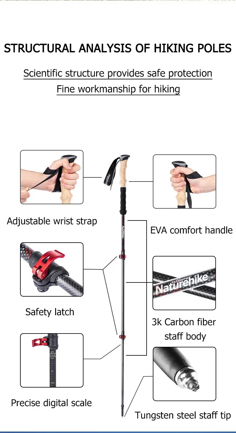 Naturehike Ultralight Carbon Trekking Pole 3-Section Folding Hiking Stick 193g