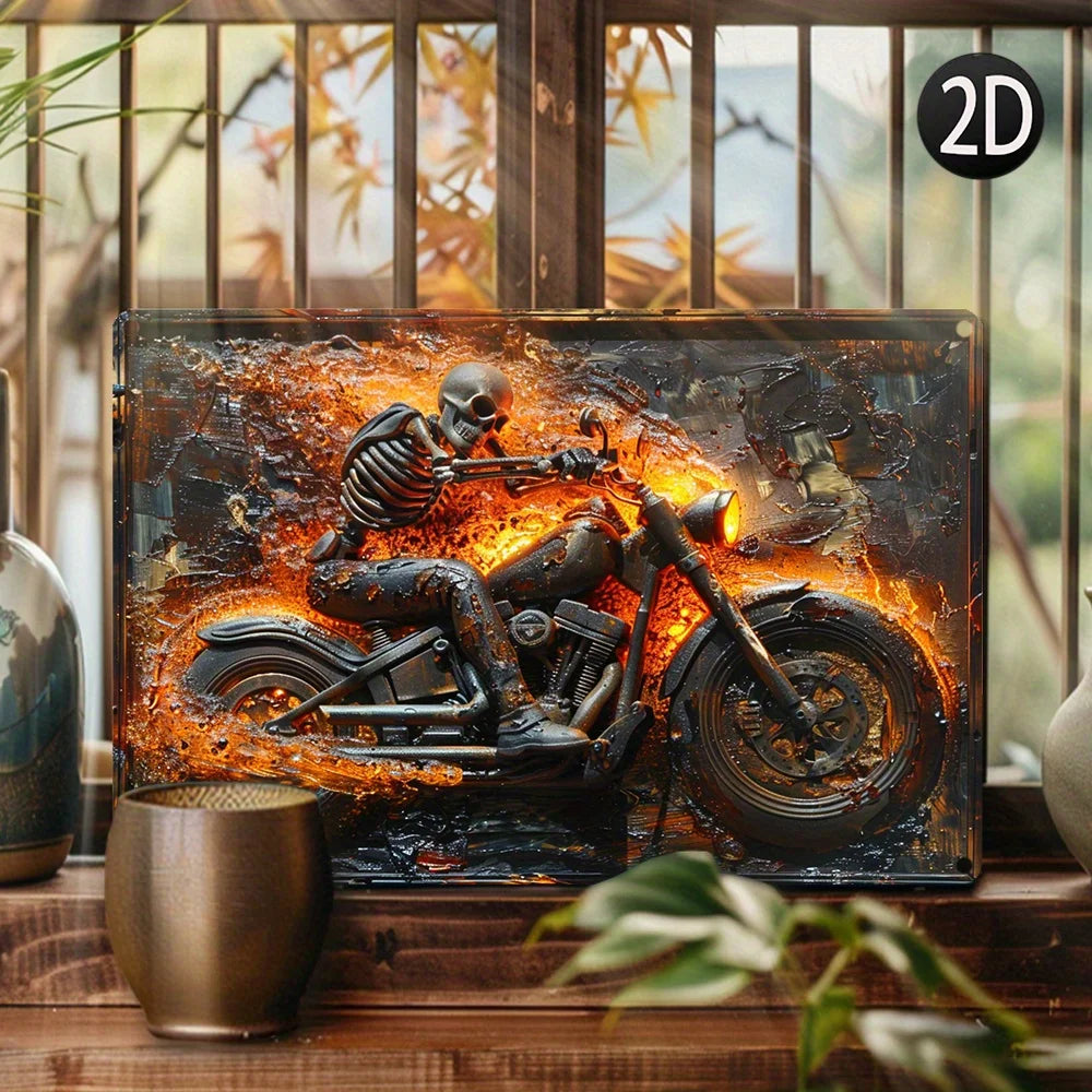 Skeleton on Motorcycle Metal Sign, Vintage Wall Art Garage Bar Bedroom Studio