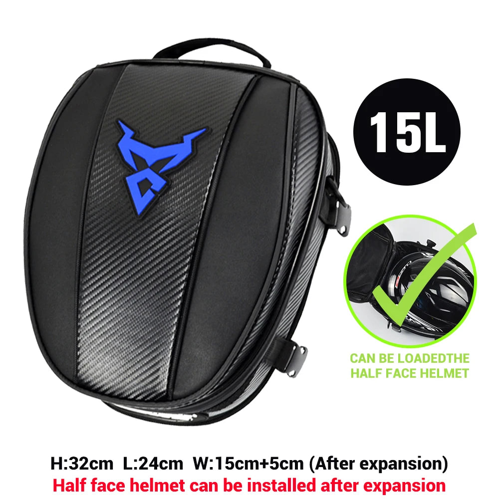 15L Motorcycle Tail Bag Waterproof Rear Seat Backpack Helmet Storage expandable