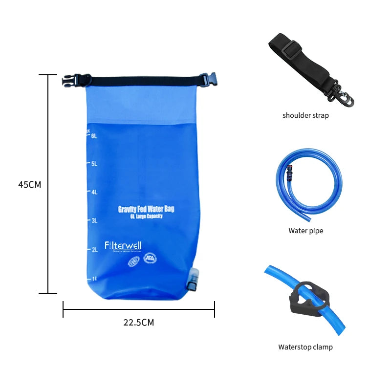 6L TPU Gravity Water Bag with Water Filter Straw – Camping, Hiking, Emergency