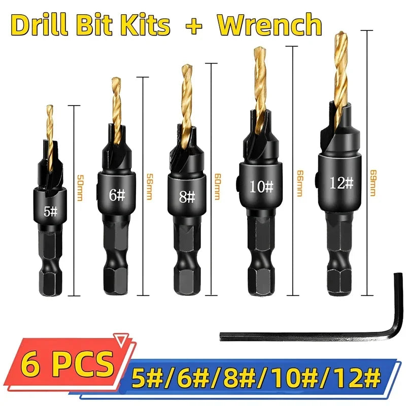 5pc 1/4" Hex Shank Countersink Drill Bit Set for Wood Screws #5–#12 Pilot Hole