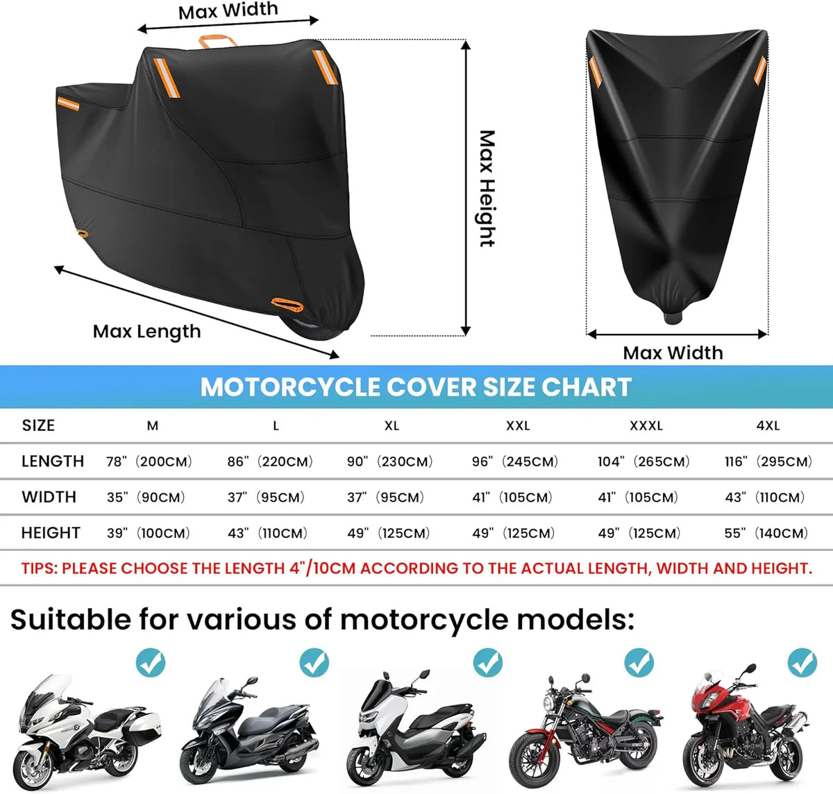 Motorcycle Cover Waterproof Dust UV Protective All-Season Motorbike Cover 300D
