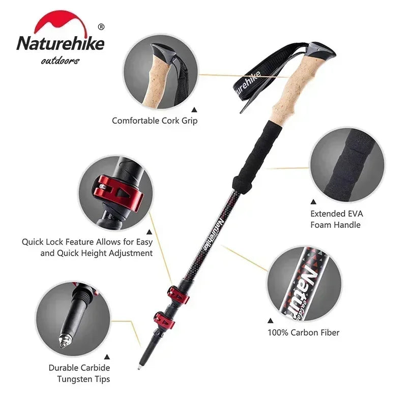 Naturehike Ultralight Carbon Trekking Pole 3-Section Folding Hiking Stick 193g