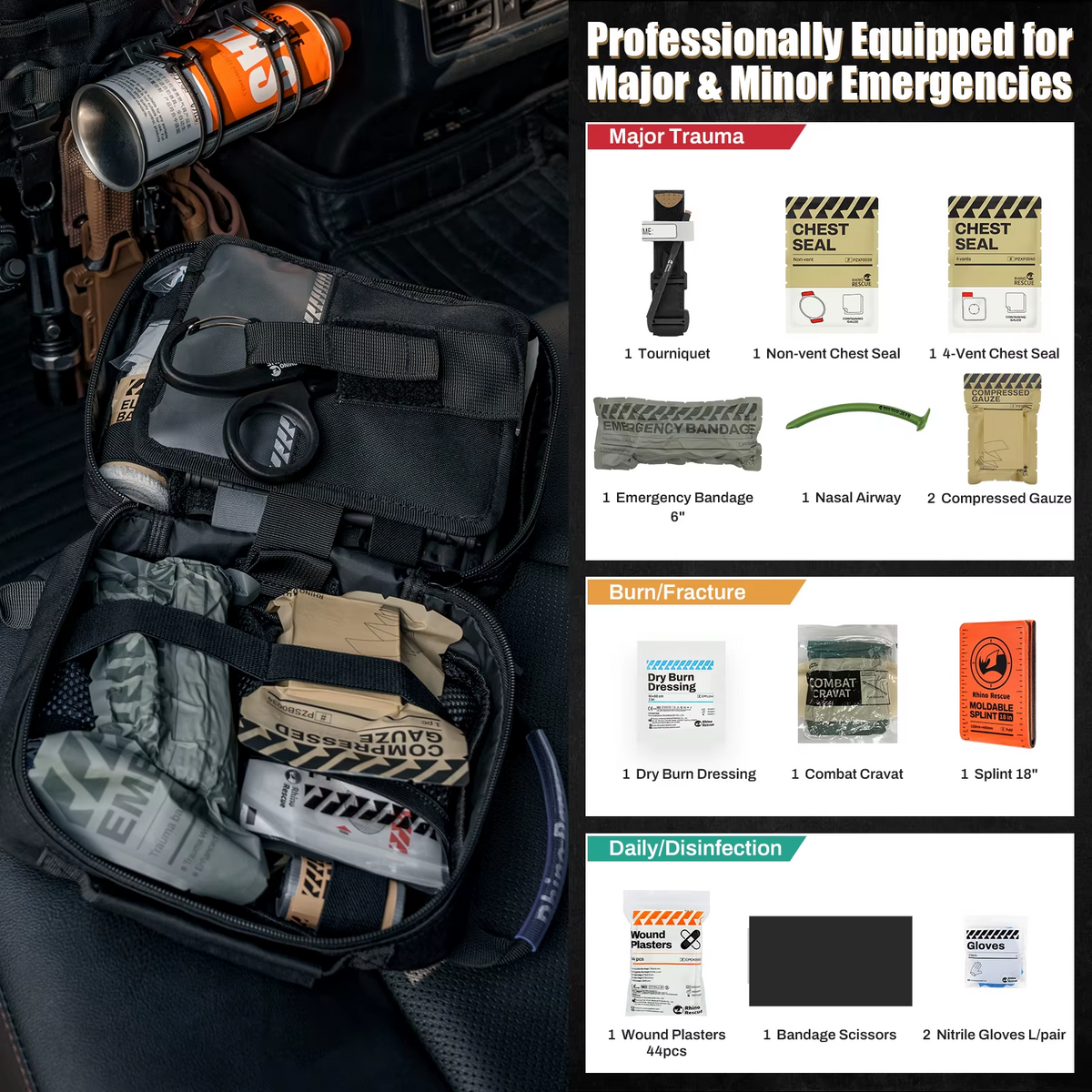 RHINO RESCUE Vehicle Emergency First Aid Kit Tourniquet MOLLE Pouch Organizer