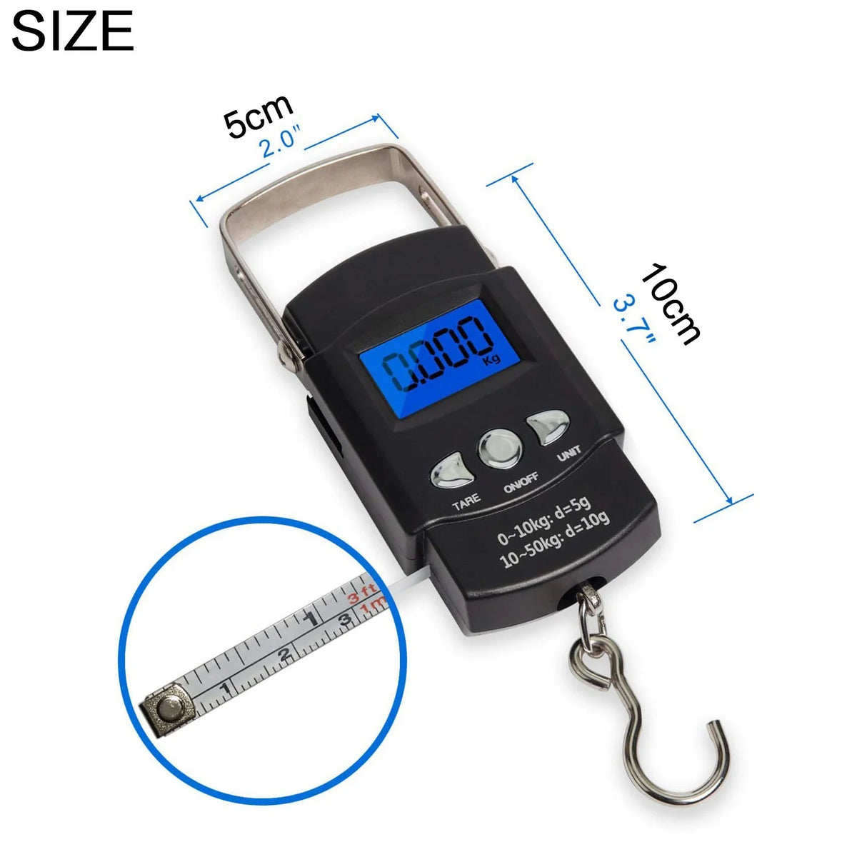 110lb/50kg Digital Fishing Scale, LCD Display & Measuring Tape, Stainless Hook