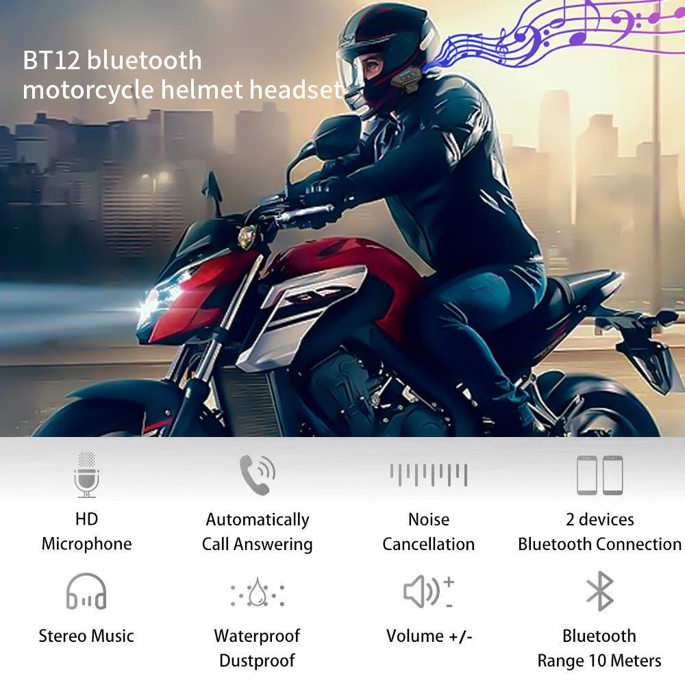 BT12 Bluetooth Motorcycle Helmet Headset Wireless Handsfree Music & Calls