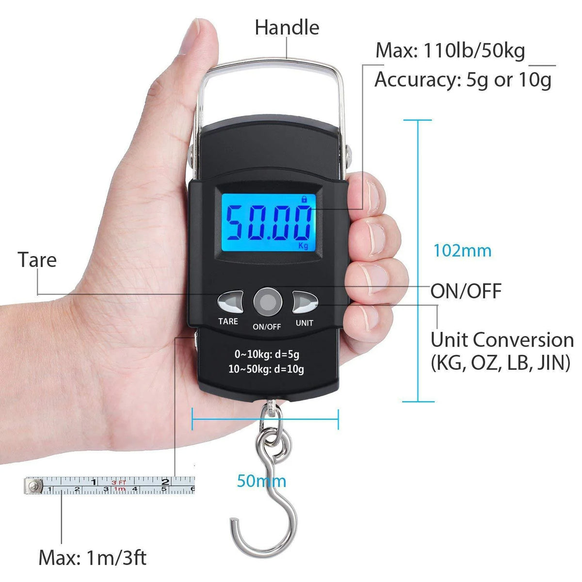 110lb/50kg Digital Fishing Scale, LCD Display & Measuring Tape, Stainless Hook