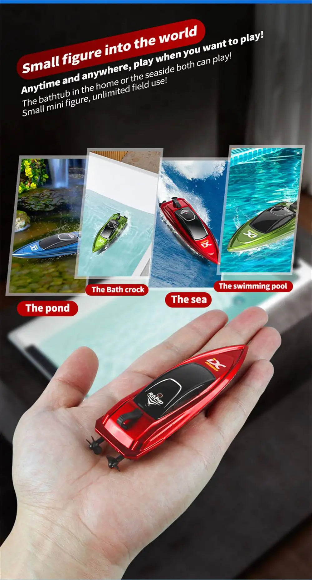 Mini 2.4GHz RC Palm Boat, Bath, sink, Pool Toy, 15min charge, dual prop