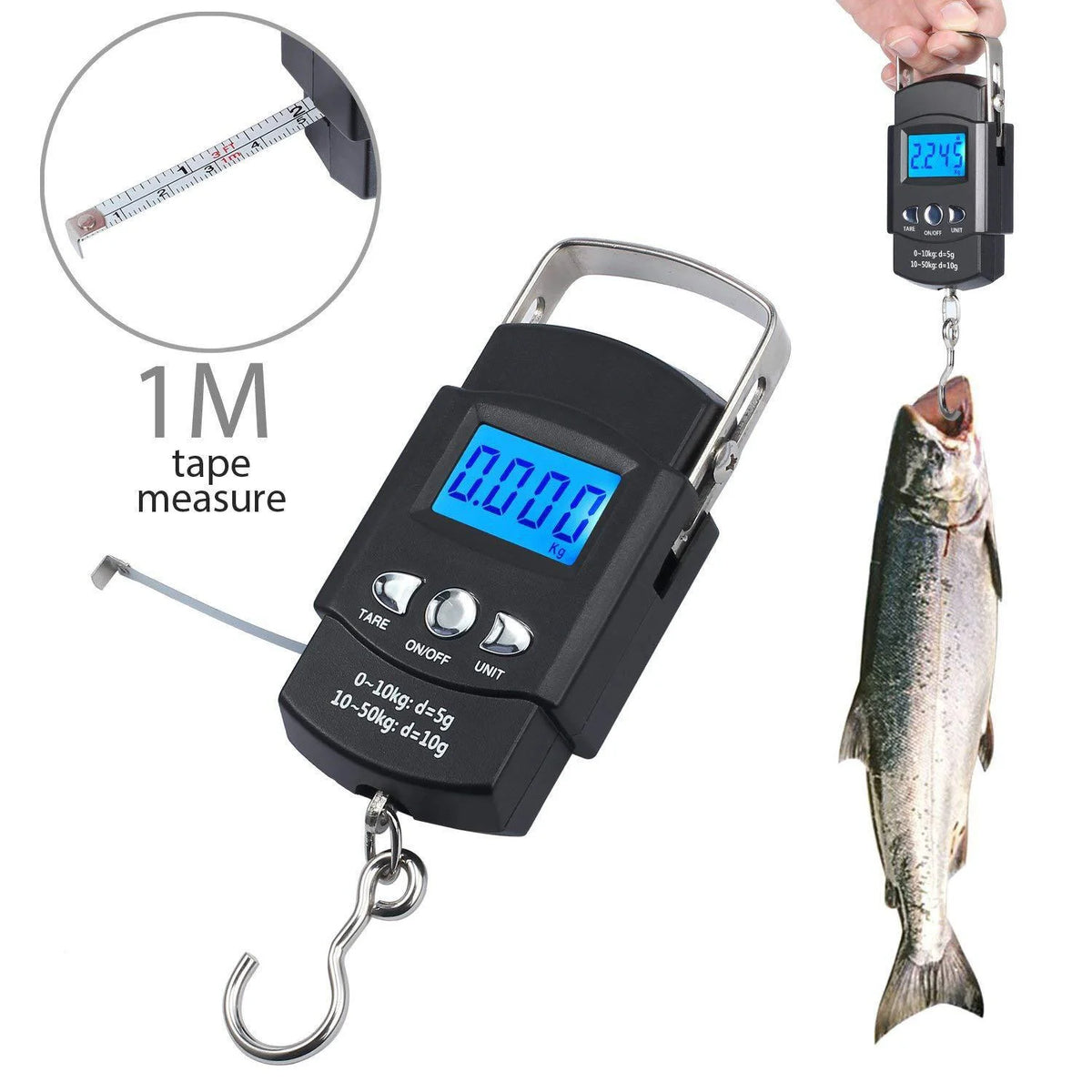 110lb/50kg Digital Fishing Scale, LCD Display & Measuring Tape, Stainless Hook