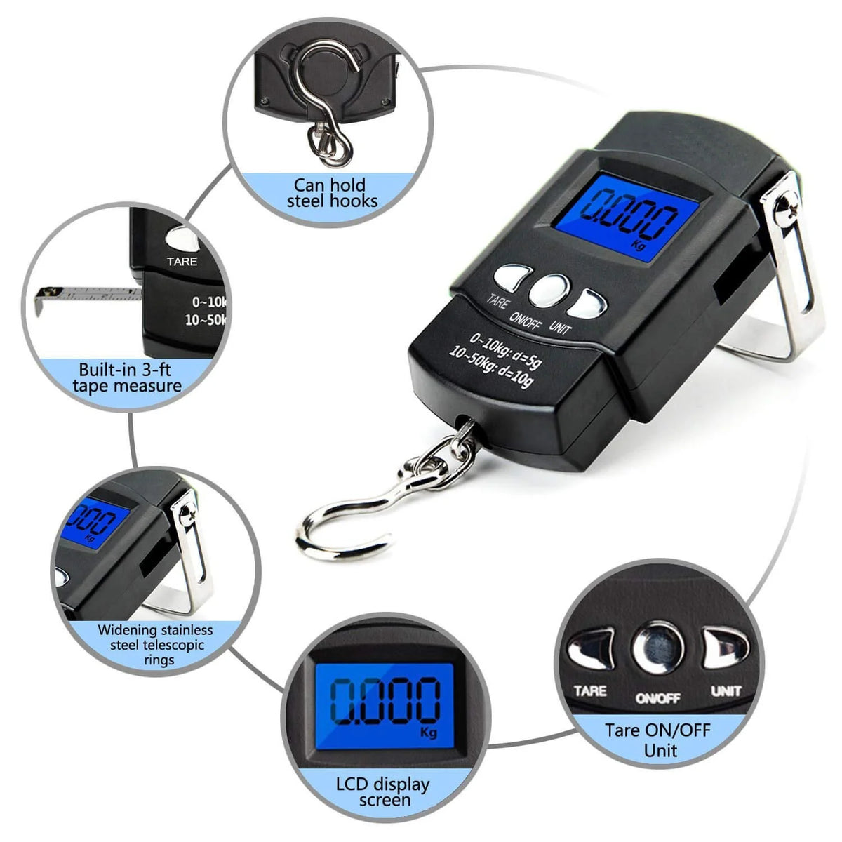 110lb/50kg Digital Fishing Scale, LCD Display & Measuring Tape, Stainless Hook
