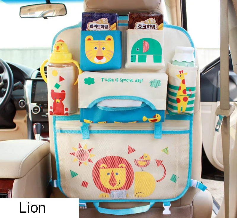 Cartoon Lion Car Seat Back Organizer - Multi-Pocket Travel Bag for Kids