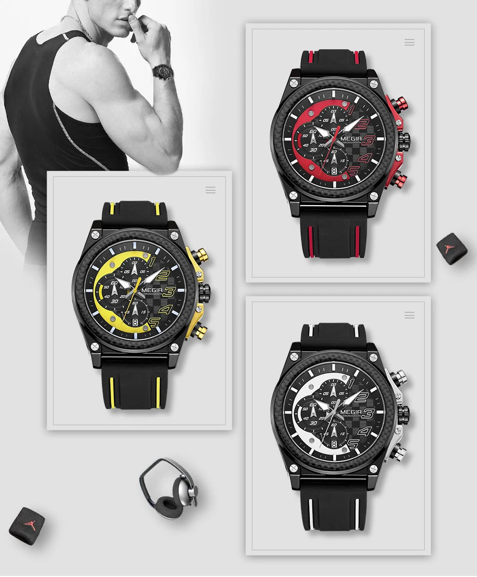 MEGIR Men's Chronograph Quartz Watch – Waterproof, Luminous, Silicone Strap