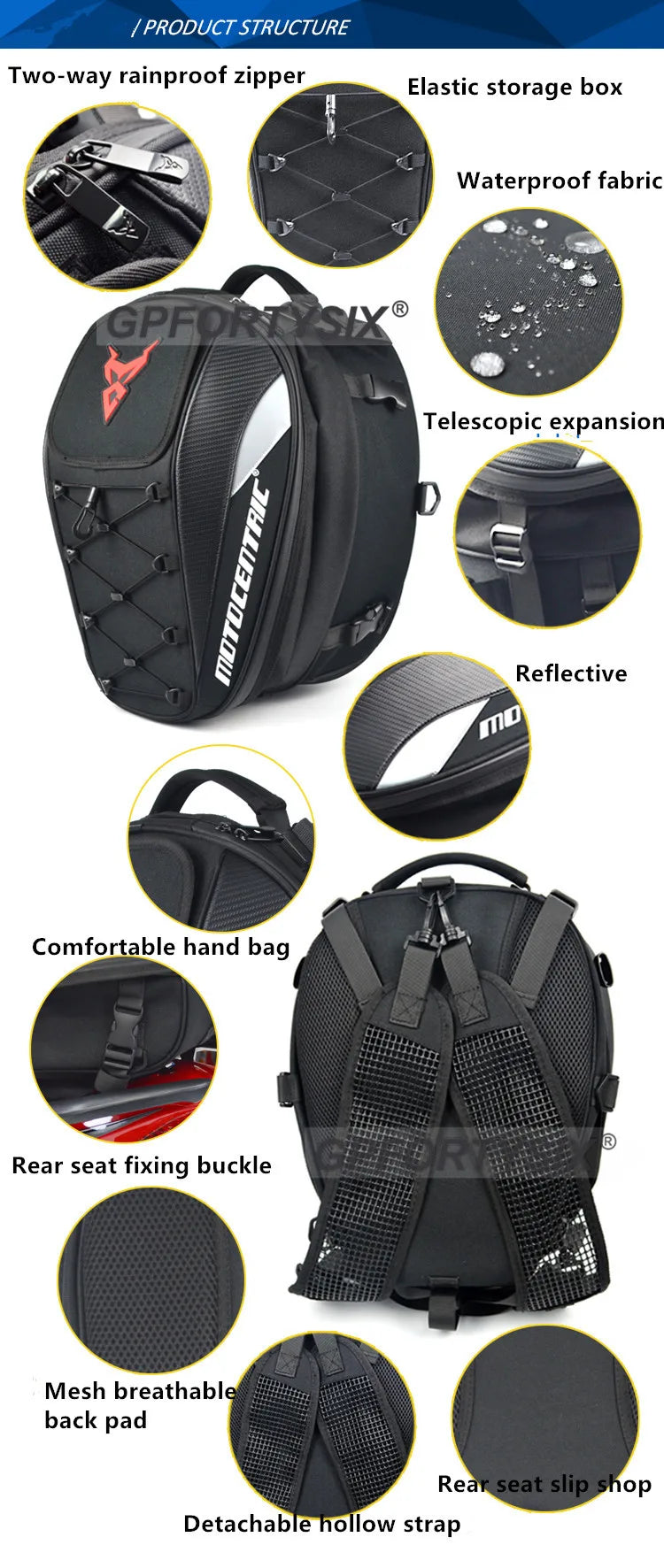 37L Motorcycle Tail Bag Waterproof Rear Seat Backpack Helmet Storage expandable