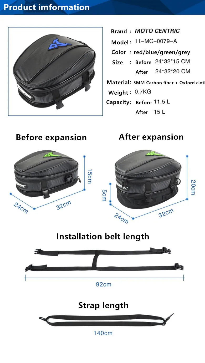 15L Motorcycle Tail Bag Waterproof Rear Seat Backpack Helmet Storage expandable