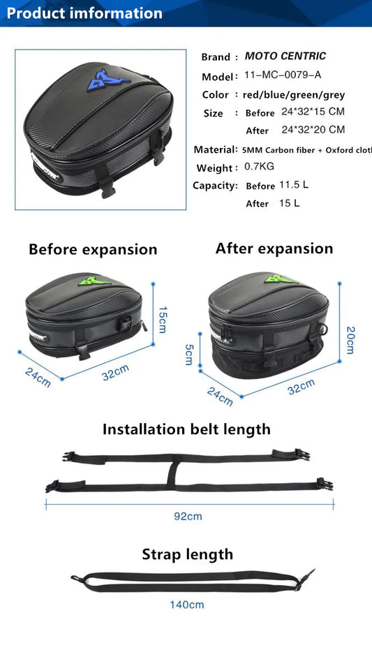 15L Motorcycle Tail Bag Waterproof Rear Seat Backpack Helmet Storage expandable
