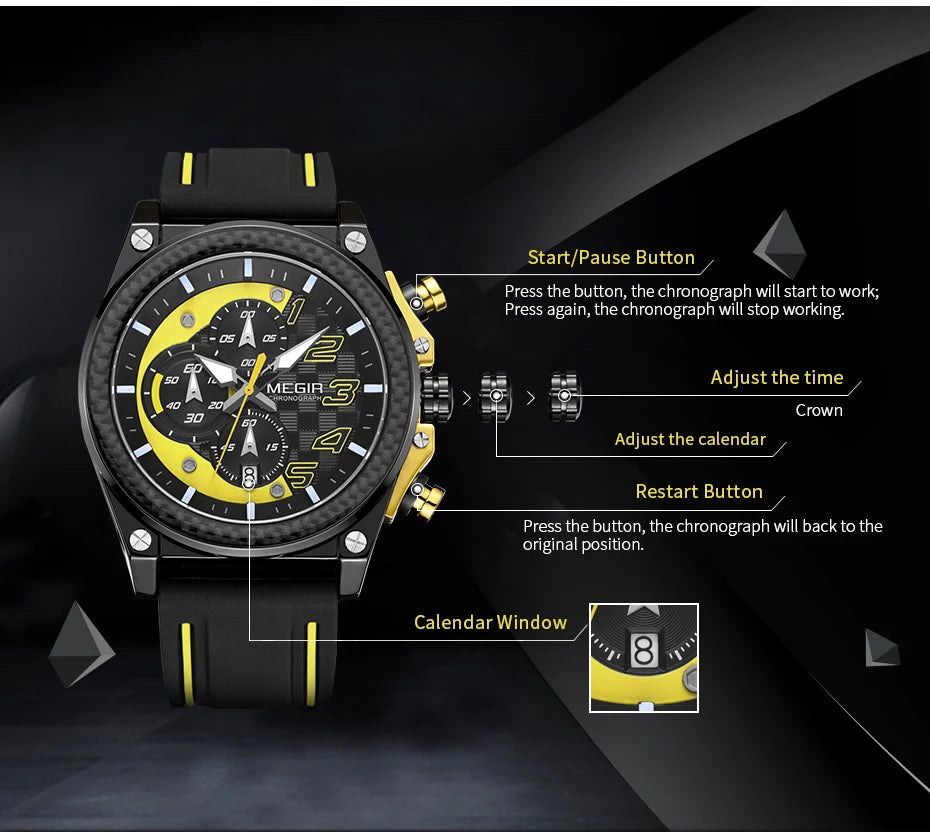 MEGIR Men's Chronograph Quartz Watch – Waterproof, Luminous, Silicone Strap