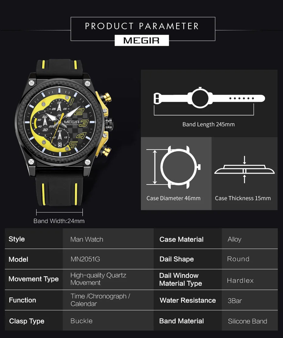MEGIR Men's Chronograph Quartz Watch – Waterproof, Luminous, Silicone Strap