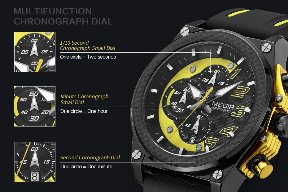 MEGIR Men's Chronograph Quartz Watch – Waterproof, Luminous, Silicone Strap