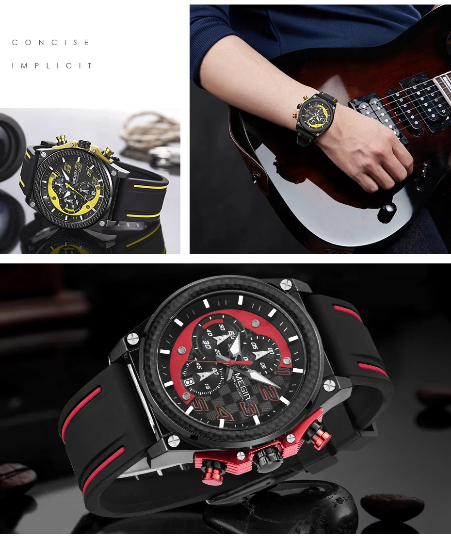 MEGIR Men's Chronograph Quartz Watch – Waterproof, Luminous, Silicone Strap