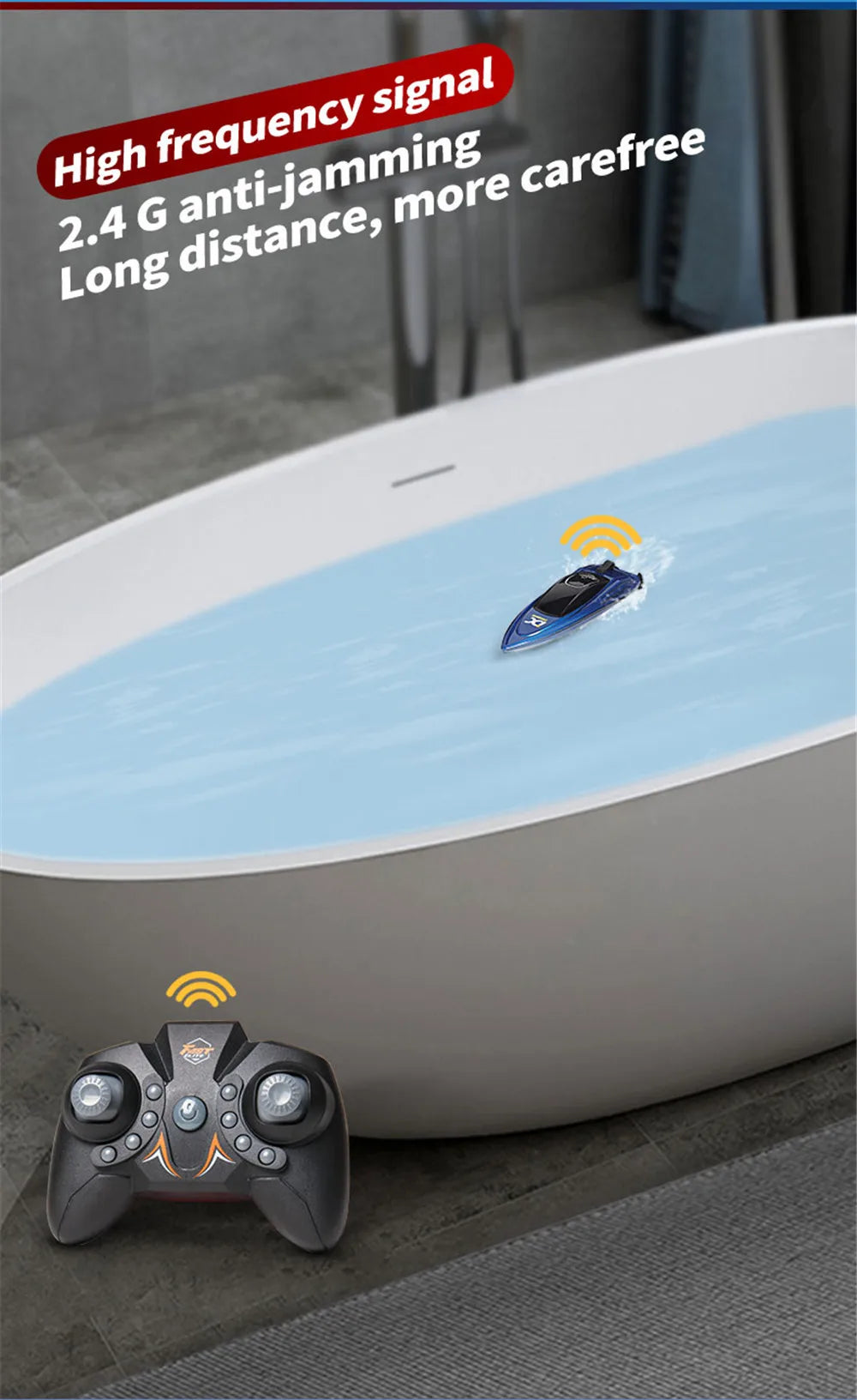 Mini 2.4GHz RC Palm Boat, Bath, sink, Pool Toy, 15min charge, dual prop