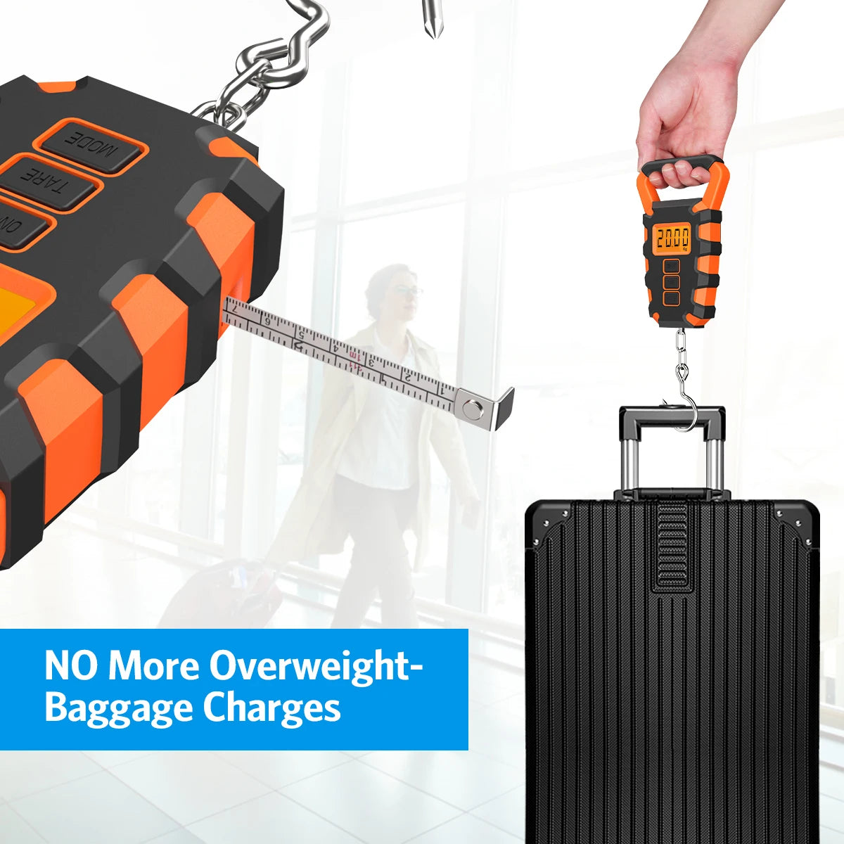 50KG Digital Fishing Scale with Ruler, Portable Luggage Weighing Scale, LCD