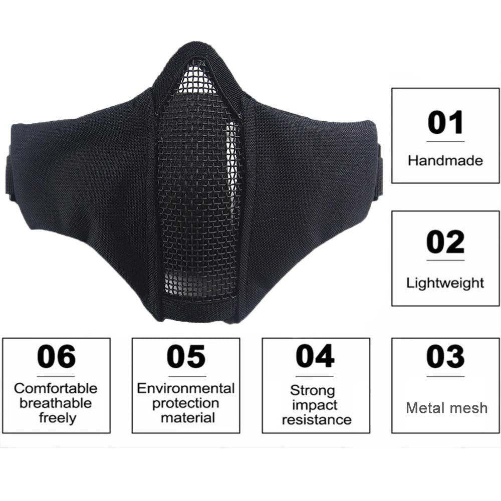 Tactical Airsoft Mask Half Face Steel Mesh Adjustable Face Protection Gear