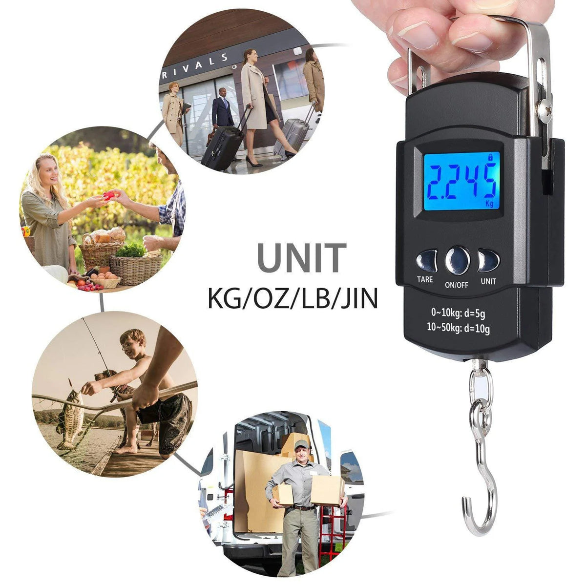 110lb/50kg Digital Fishing Scale, LCD Display & Measuring Tape, Stainless Hook