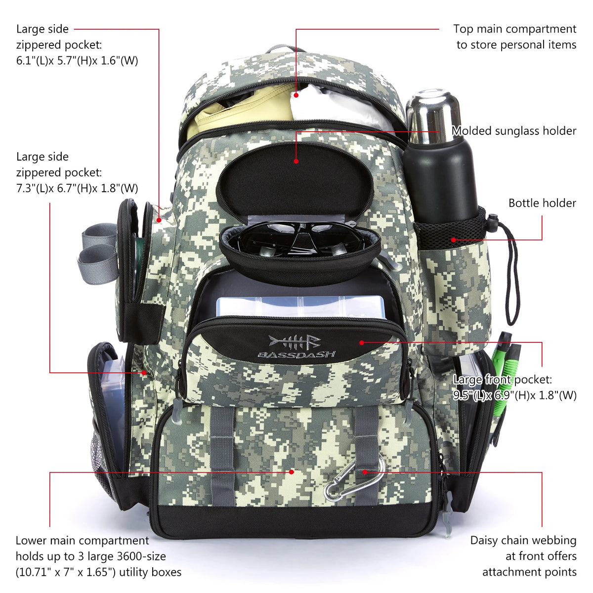 Bassdash Fishing Tackle Backpack - Lightweight Tactical Gear Bag 600D Polyester