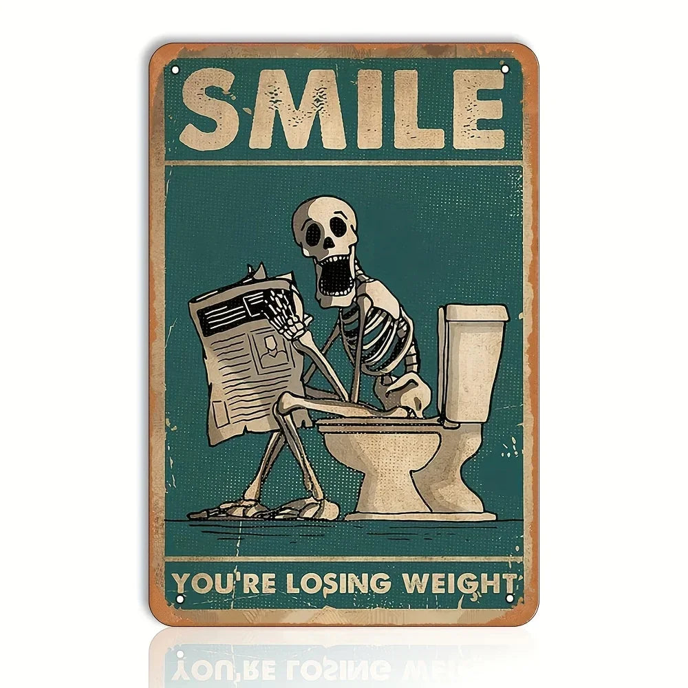 Funny Toilet Bathroom Decor Skeleton Skull Reading Newspaper Metal Sign, Retro Poster