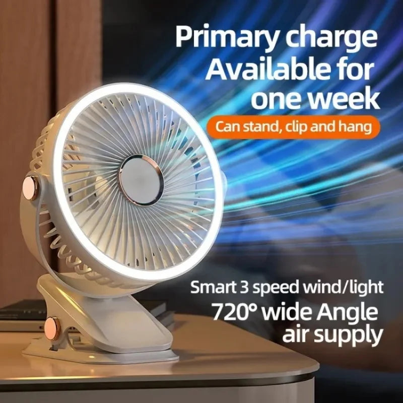 8000mAh Clip-on  Rechargeable Camping travel Fan Desktop Portable Wireless usb Fan With LED Light