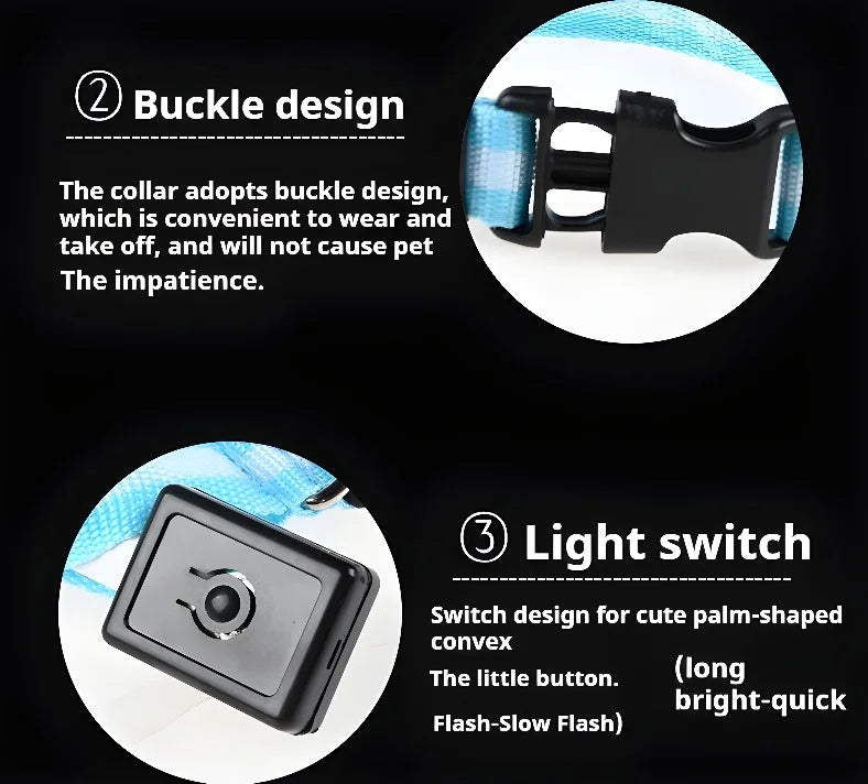 LED Dog Collar Glow-in-the-Dark, Safety Flashing Nylon Pet Collar luminous HiVis