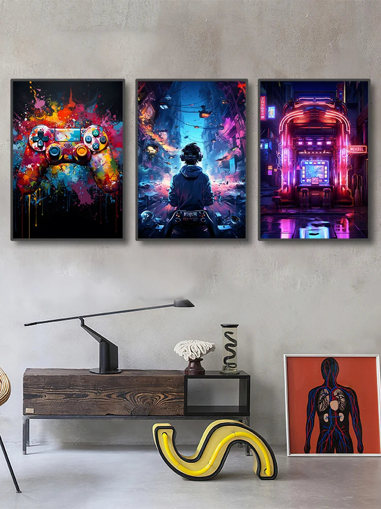 80s 90s style Neon Cyberpunk Gamer Controller Canvas Art Print Vibrant Mancave