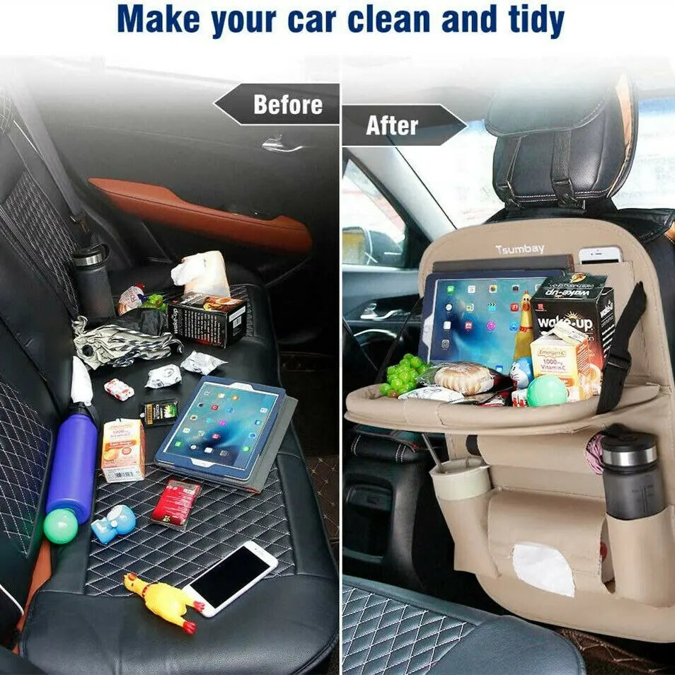 Car Seat Back Organizer w/ Foldable Tray – PU Leather Storage & Kick Mat