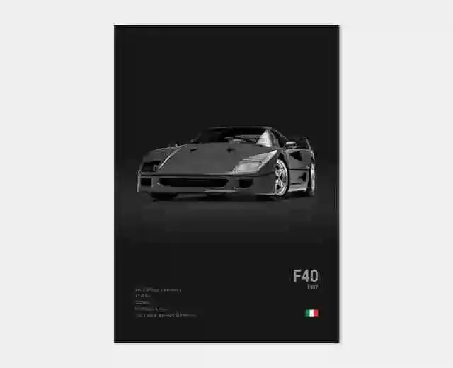 Pop B&W Italy Super Sport Car Canvas Poster Wall Art Garage F40 GTO GTB Mancave