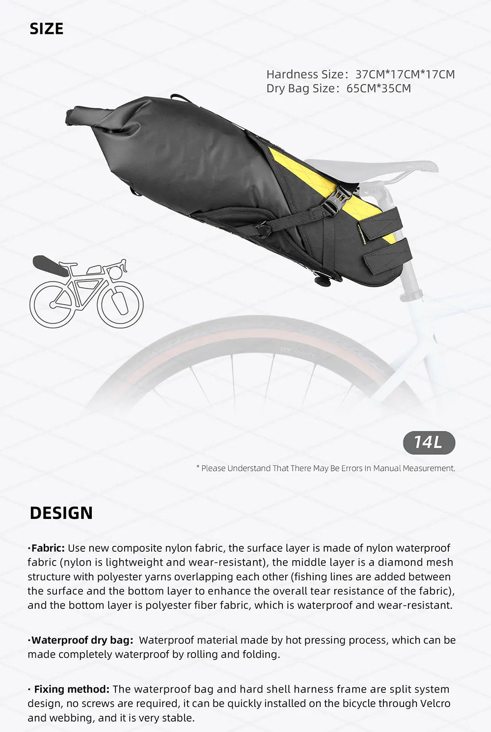Rhinowalk 14L Waterproof Bike Saddle Bag Large Rear Seat Pack Bikepacking MTB