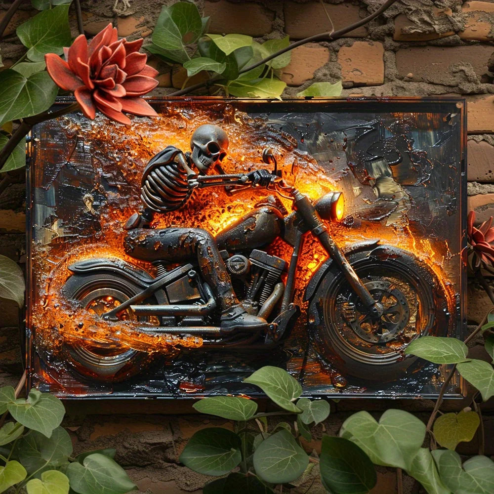 Skeleton on Motorcycle Metal Sign, Vintage Wall Art Garage Bar Bedroom Studio