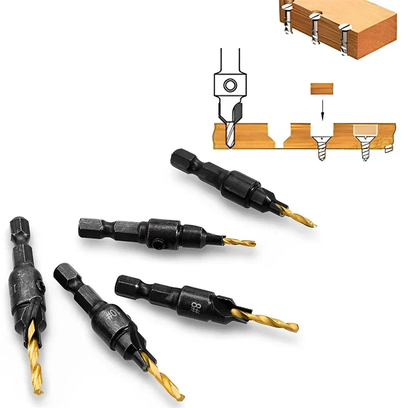 5pc 1/4" Hex Shank Countersink Drill Bit Set for Wood Screws #5–#12 Pilot Hole