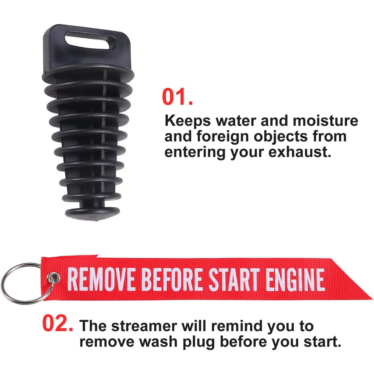 1.07" - 1.85" Exhaust Pipe Plug Motorcycle Silencer Wash Plug with Red Streamer