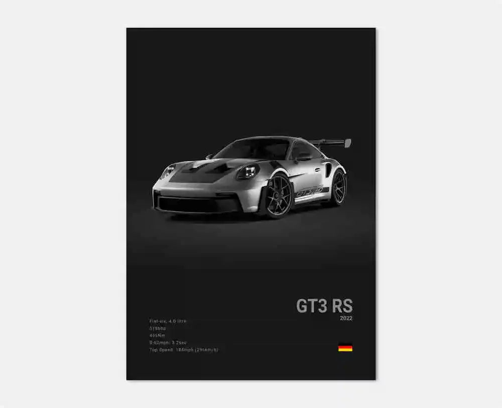Pop B&W German Luxury Super Sport Car Canvas Poster 911 GT3 RS Turbo 918 993 GT4