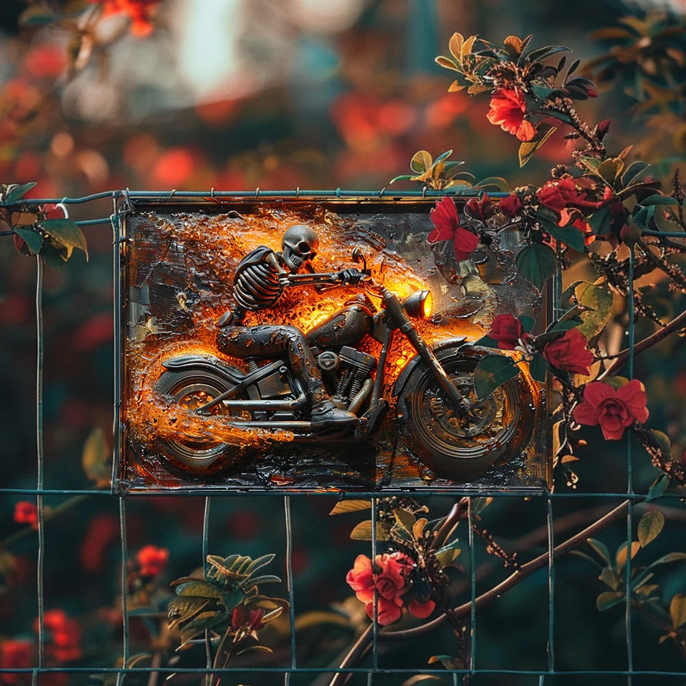 Skeleton on Motorcycle Metal Sign, Vintage Wall Art Garage Bar Bedroom Studio