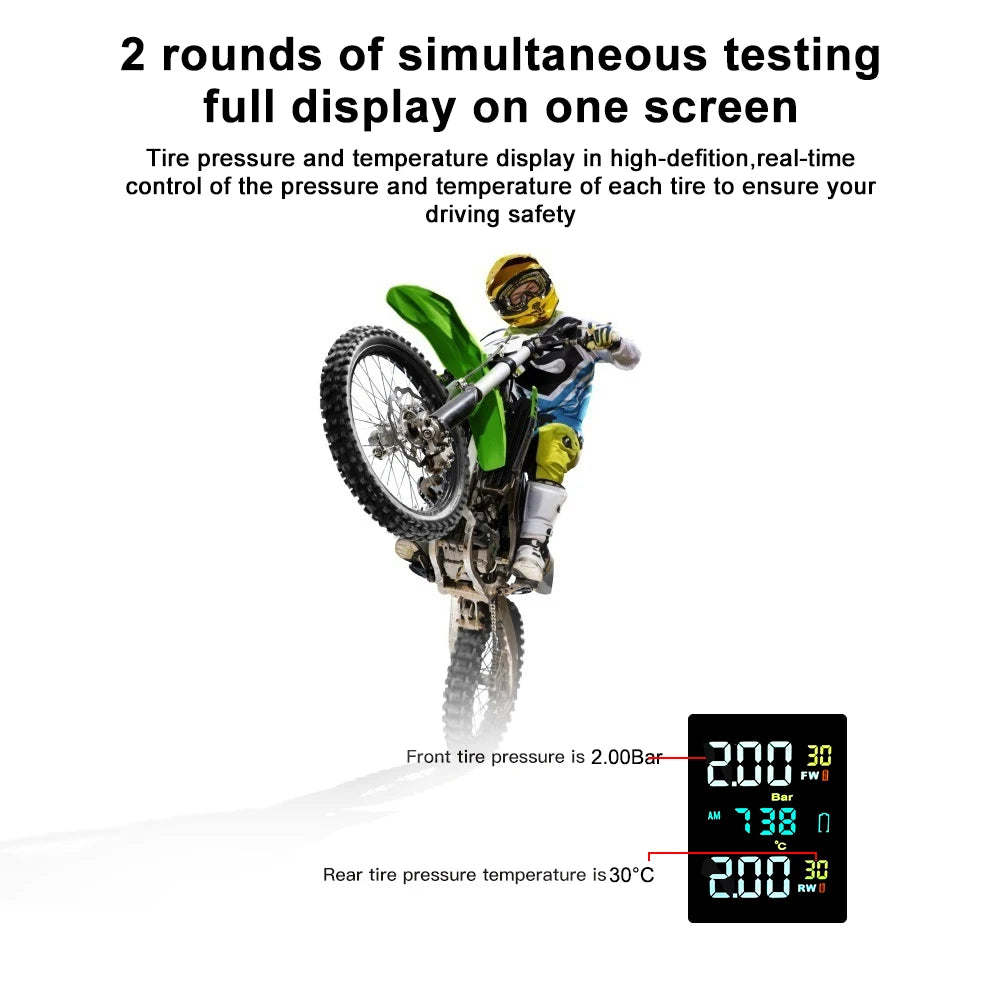 Motorcycle TPMS 0-96.7psi Tyre Pressure Monitoring System 2 Sensors LCD Display
