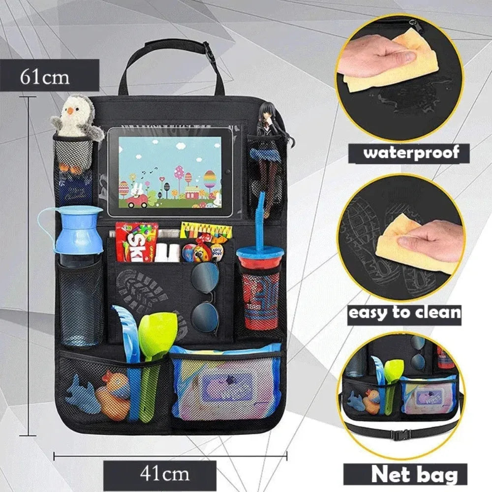 Car Seat Back Organizer w/ 9 Pockets & Tablet Holder – Kids Protector Mat