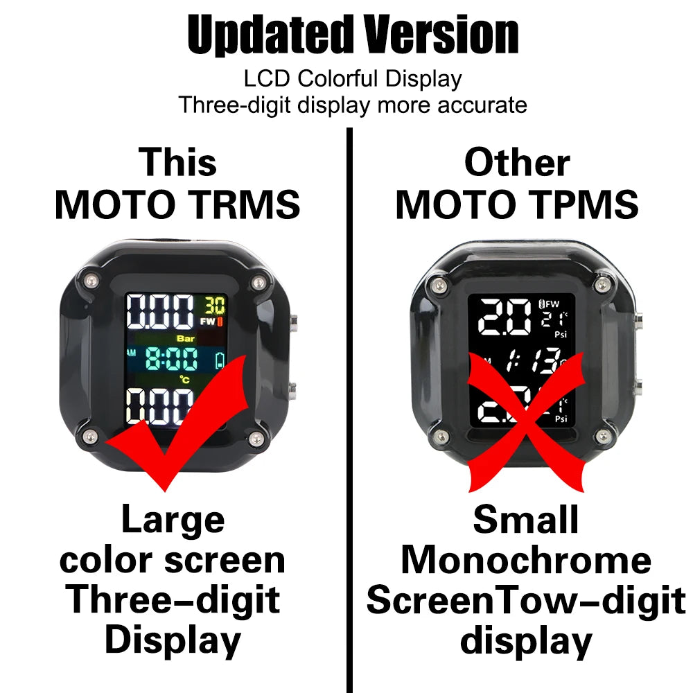 Motorcycle TPMS 0-96.7psi Tyre Pressure Monitoring System 2 Sensors LCD Display