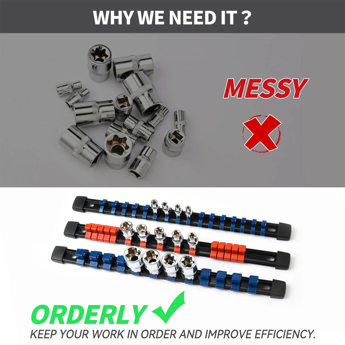 ABS Socket Organizer Rails - 1/4", 3/8", 1/2" Tool Box Rail Track Holder