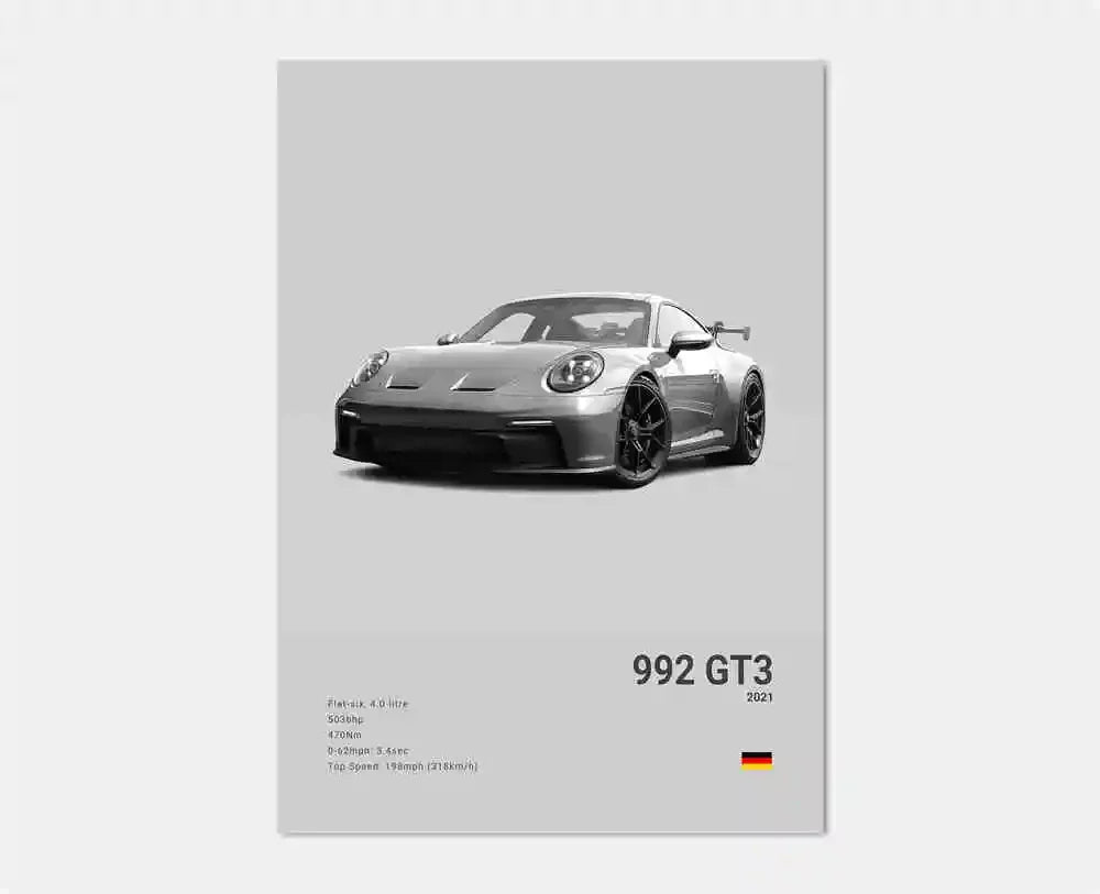 Pop B&W German Luxury Super Sport Car Canvas Poster 911 GT3 RS Turbo 918 993 GT4