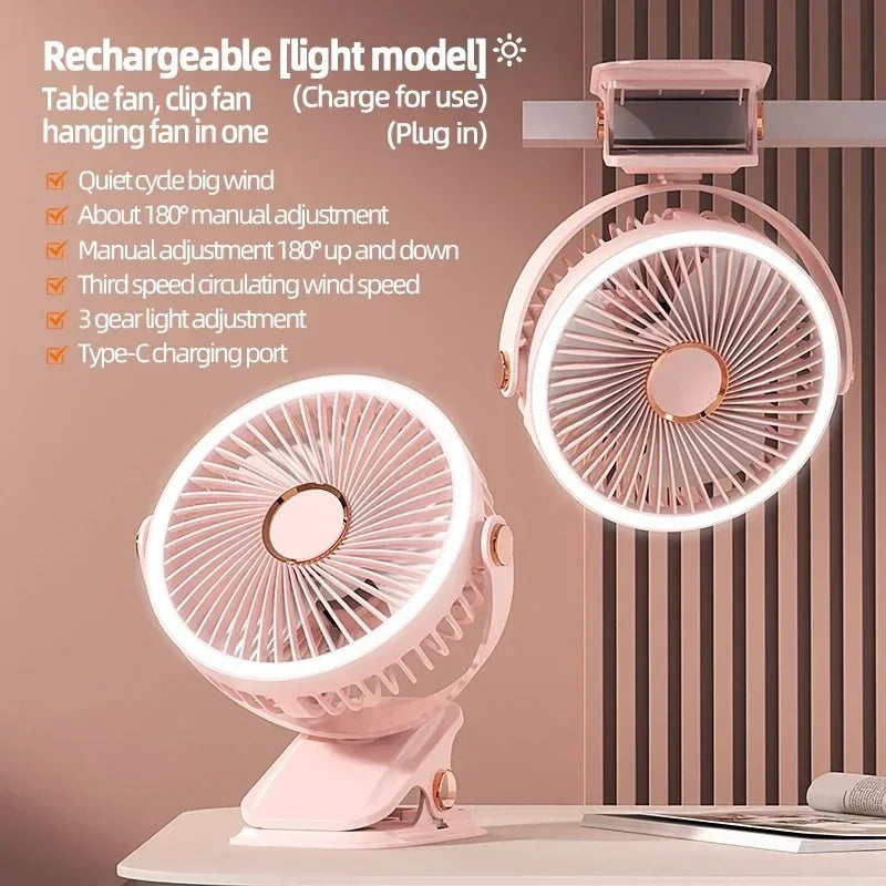8000mAh Clip-on  Rechargeable Camping travel Fan Desktop Portable Wireless usb Fan With LED Light