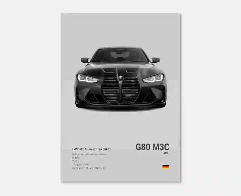 Pop B&W Luxury Car Canvas Poster Mancave Supercar MSport F80 M3 M140 GTR F87 G80